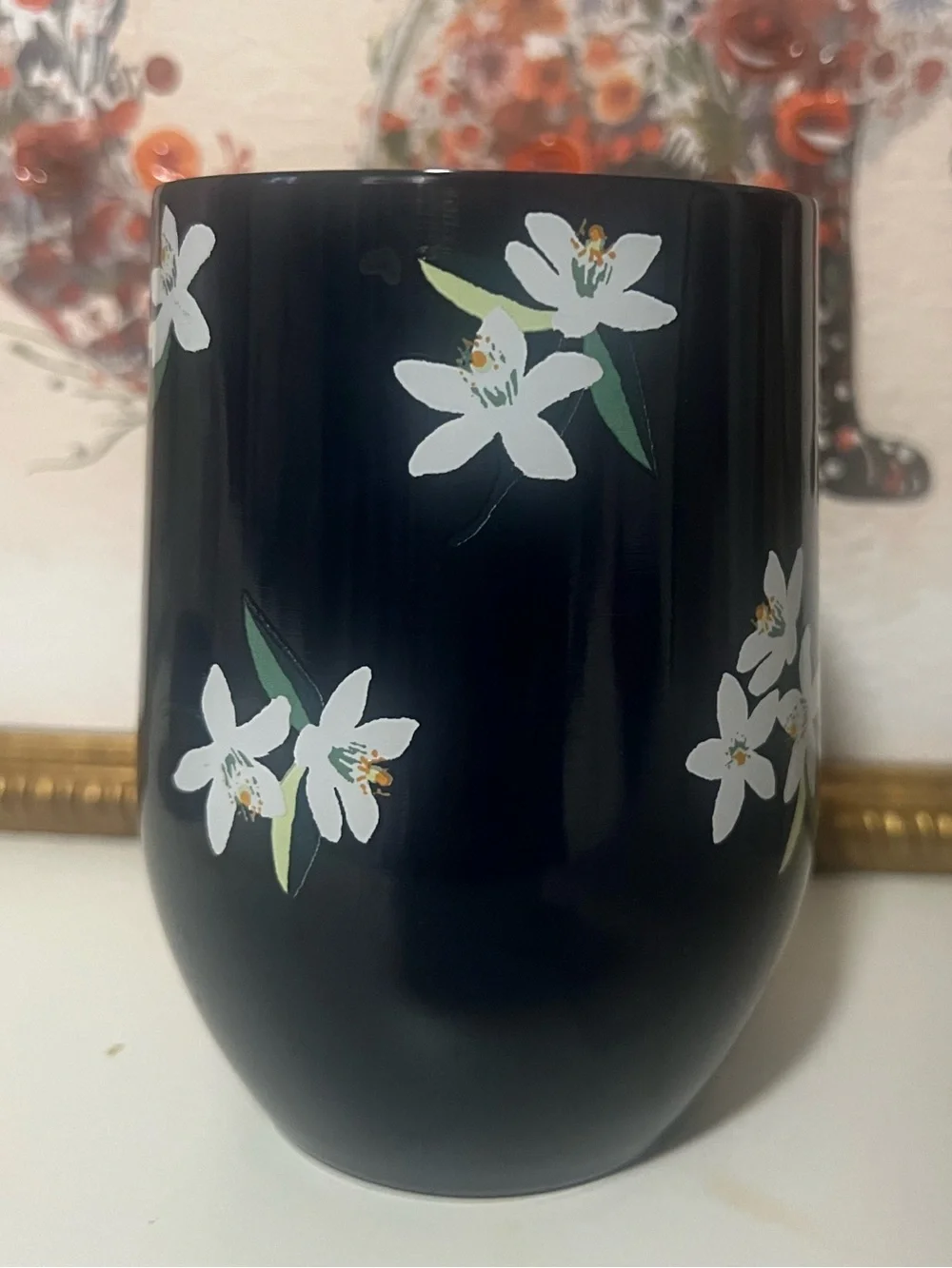 kate spade Navy Floral Ceramic Tumbler with White Blossoms